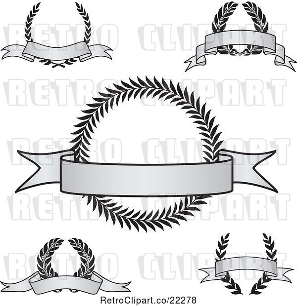 Vector Clip Art of Retro Digital Collage of Grayscale Award Crests with Blank Banners