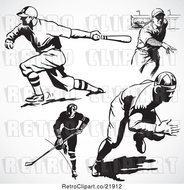 Vector Clip Art of Retro Digital Collage of Hockey and Baseball Players