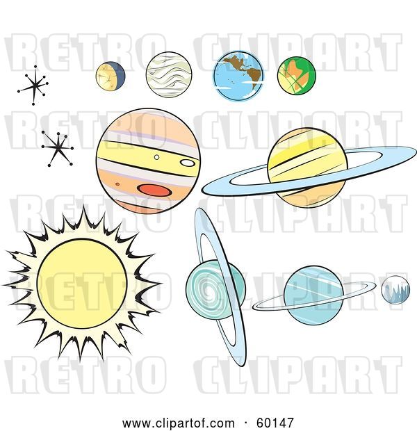 Vector Clip Art of Retro Digital Collage of Planets and Stars on White