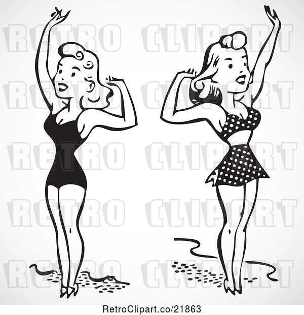 Vector Clip Art of Retro Digital Collage of Women in Bathing Suits, Waving