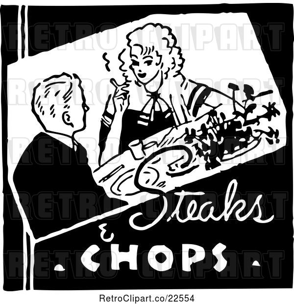 Vector Clip Art of Retro Dining Couple and Steaks and Chops Text