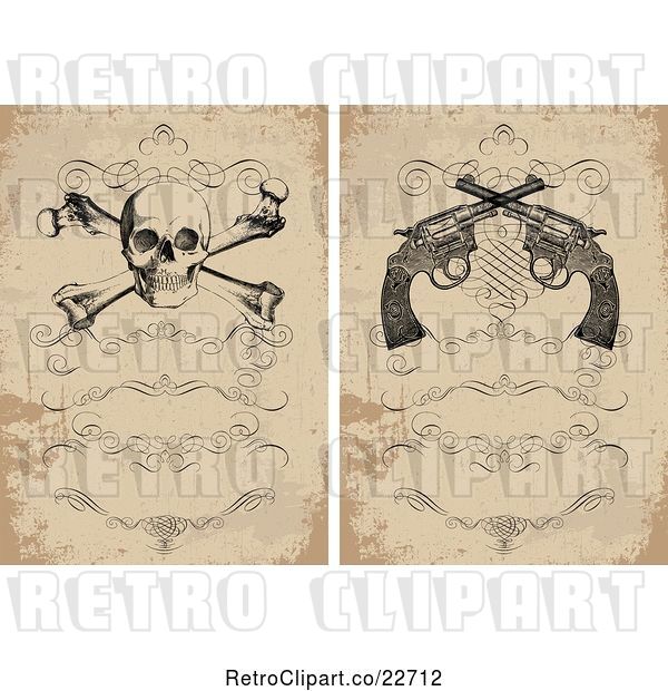 Vector Clip Art of Retro Distressed Invitations with a Skull and Crossbones and Revolvers