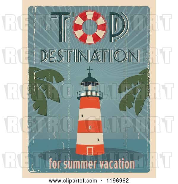 Vector Clip Art of Retro Distressed Lighthouse Summer Poster with Sample Text