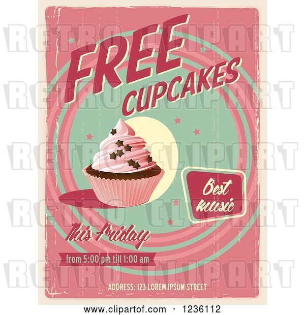 Vector Clip Art of Retro Distressed Pink Free Cupcakes Poster