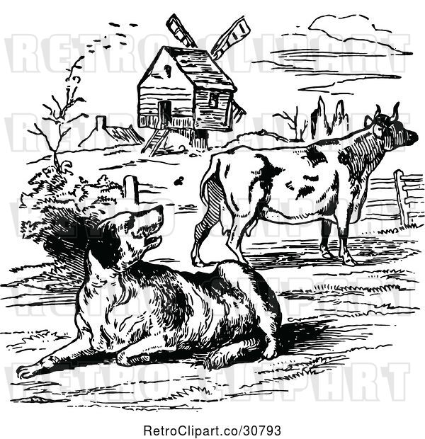 Vector Clip Art of Retro Dog and Cow by a Windmill