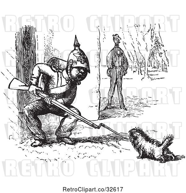 Vector Clip Art of Retro Dog Challenging a Soldier in