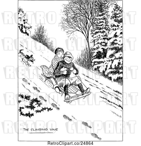 Vector Clip Art of Retro Dog Chasing Children on a Sled
