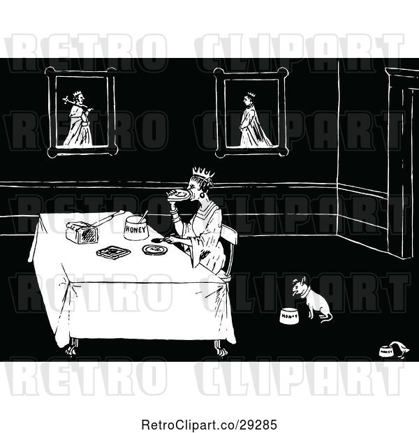 Vector Clip Art of Retro Dog Eating near a Queen Served Bread and Honey