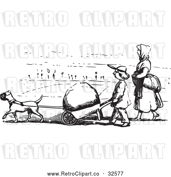 Vector Clip Art of Retro Dog Pulling a Boulder in a Wheel Barrow in Black and White