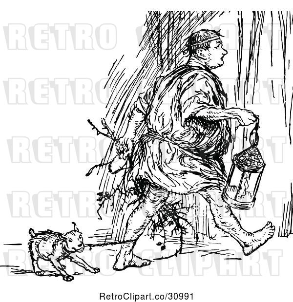 Vector Clip Art of Retro Dog Pulling Twigs from a Guy with a Lantern