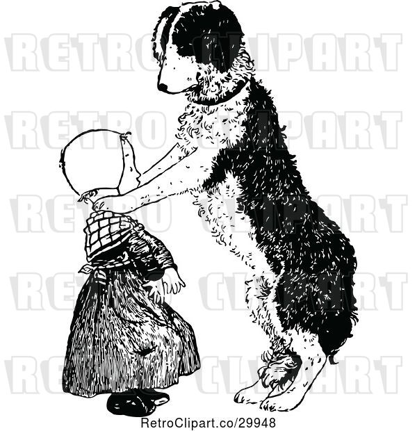 Vector Clip Art of Retro Dog Resting Its Paws on a Girls Shoulders