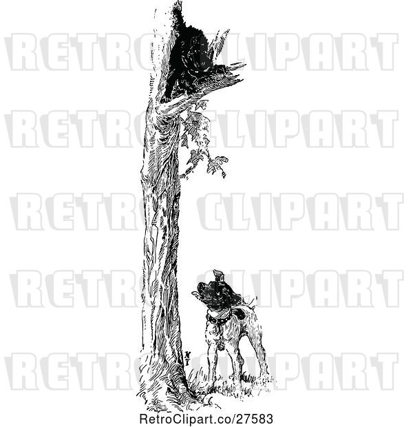 Vector Clip Art of Retro Dog with a Cat up a Tree