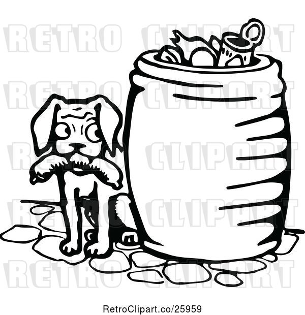 Vector Clip Art of Retro Dog with Sausage by a Trash Can
