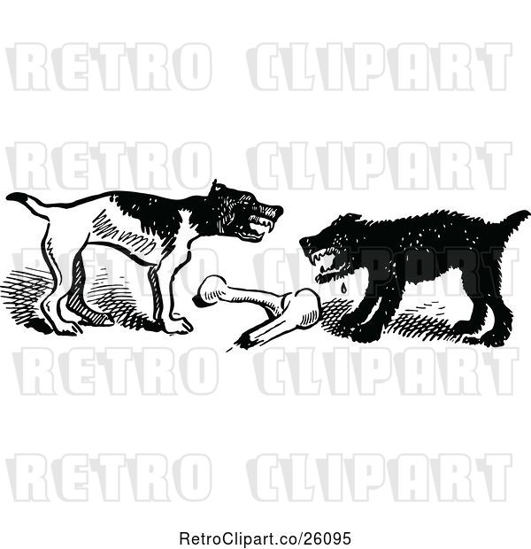 Vector Clip Art of Retro Dogs Fighting over a Bone