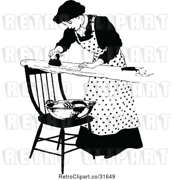 Vector Clip Art of Retro Domestic Housewife Ironing Laundry