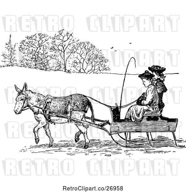 Vector Clip Art of Retro Donkey Pulling People in a Cart