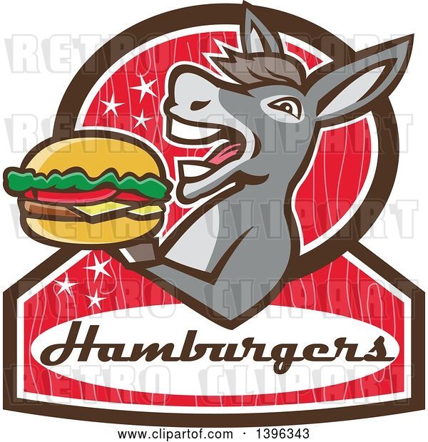 Vector Clip Art of Retro Donkey Standing Upright and About to Take a Bite out of a Cheeseburger on a Red Sign