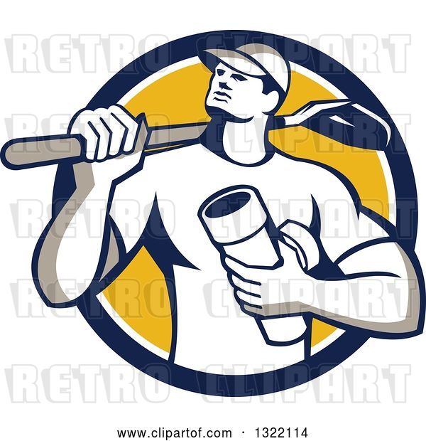 Vector Clip Art of Retro Drainlayer Guy Carrying a Shovel and Pipe in a Blue White and Yellow Circle