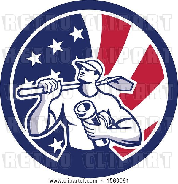 Vector Clip Art of Retro Drainlayer Guy Carrying a Shovel and Pipe in an American Flag Circle