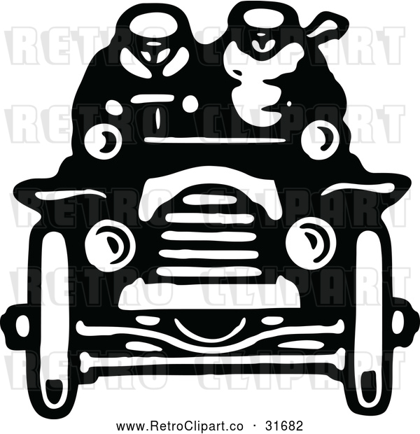 Vector Clip Art of Retro Driver and Passenger in a Convertible Car