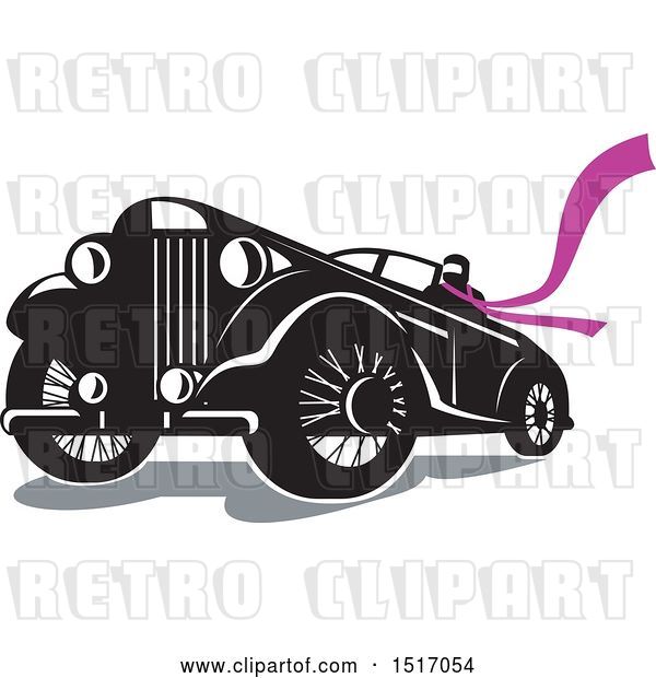 Vector Clip Art of Retro Driver Wearing a Long Purple Scarf in a Convertible Automobile
