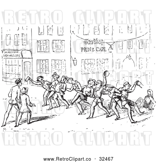 Vector Clip Art of Retro Drunk Men on a Street in Black and White