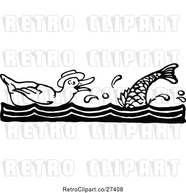 Vector Clip Art of Retro Duck and Fish