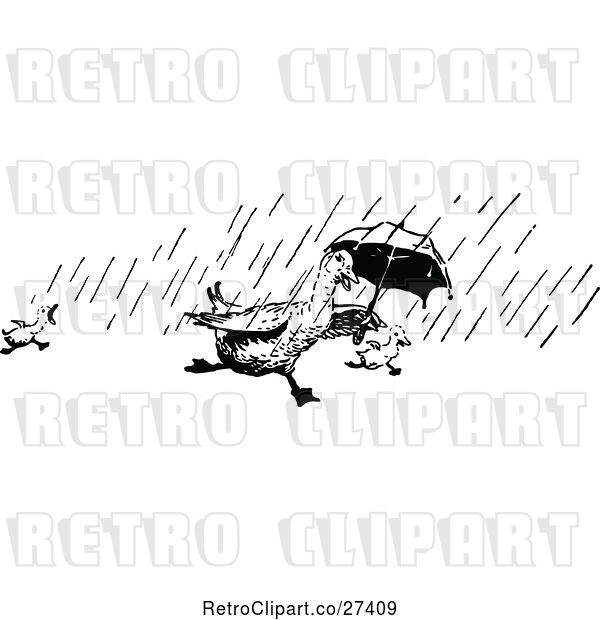 Vector Clip Art of Retro Ducks Running in the Rain with an Umbrella