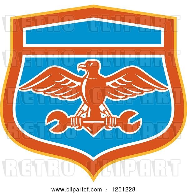 Vector Clip Art of Retro Eagle Flying with a Spanner Wrench in a Blue Red Orange and White Shield