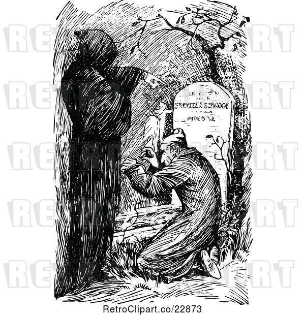 Vector Clip Art of Retro Ebenezer Scrooge Being Visited by the Ghost of Christmas yet to Come
