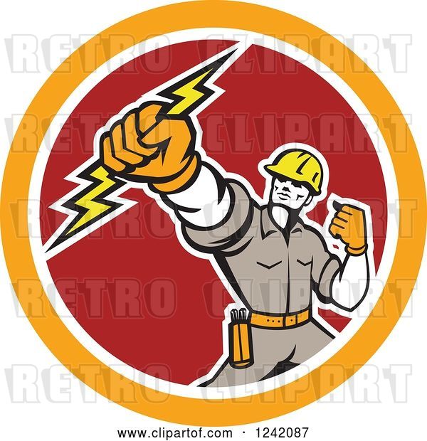 Vector Clip Art of Retro Electrican Holding up a Fist and Bolt in a Circle