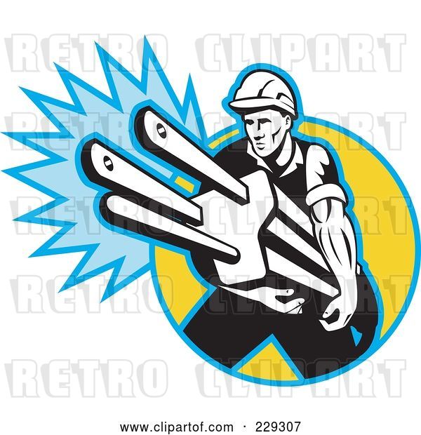 Vector Clip Art of Retro Electrician Carrying a Giant Plug