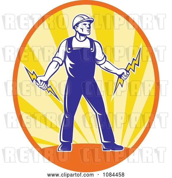 Vector Clip Art of Retro Electrician Holding Bolts in an Oval of Rays