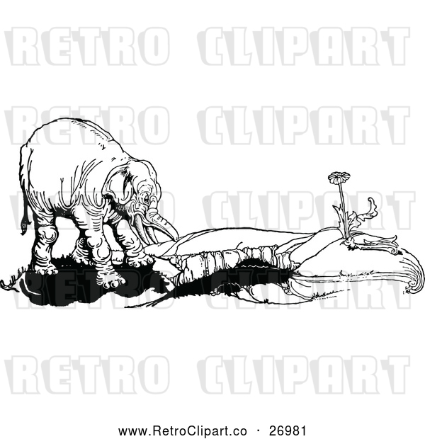 Vector Clip Art of Retro Elephant by a Flower