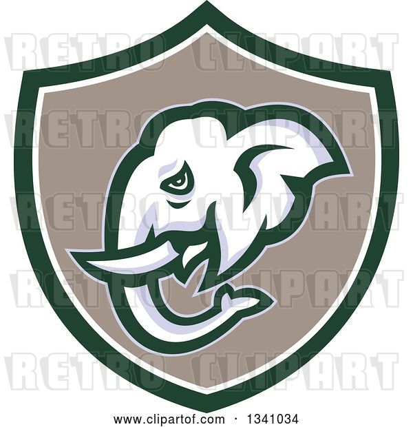 Vector Clip Art of Retro Elephant Head in a Green White and Taupe Shield