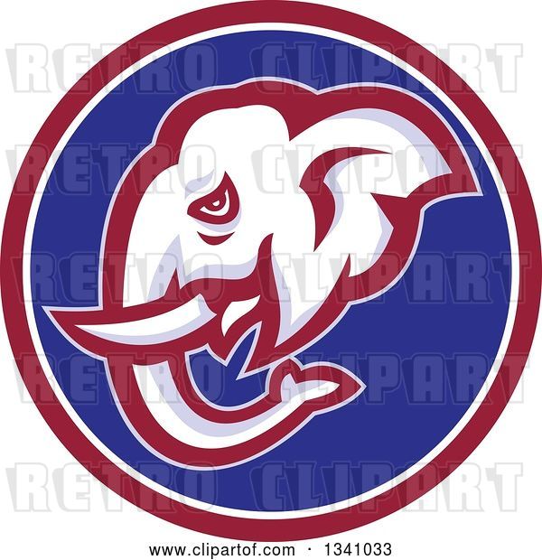 Vector Clip Art of Retro Elephant Head in a Red White and Blue Circle