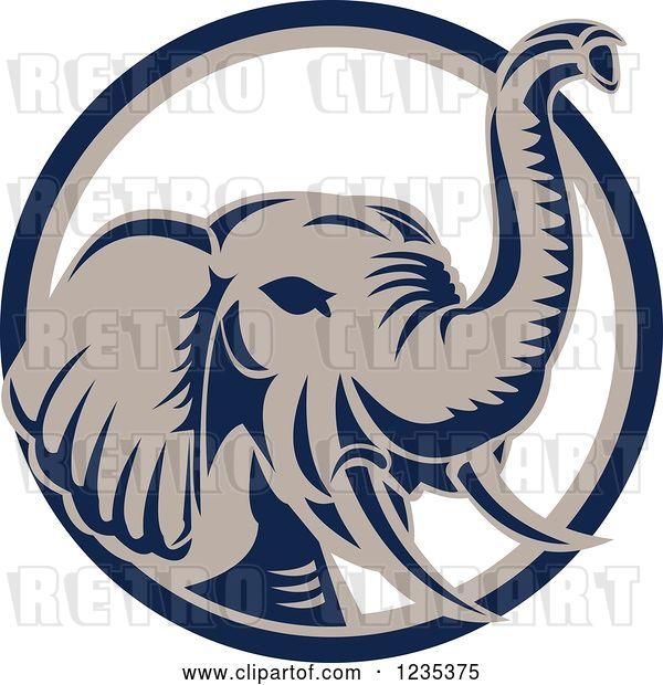 Vector Clip Art of Retro Elephant in a Blue White and Tan Circle