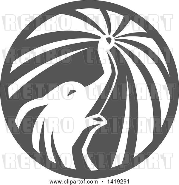 Vector Clip Art of Retro Elephant Spraying Water from His Trunk in a Circle, in Gray Tones