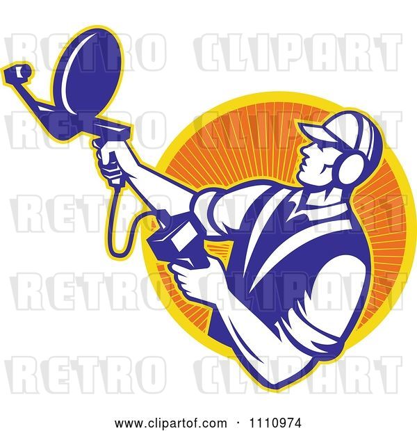 Vector Clip Art of Retro Engineer Holding an Ultrasound Sonar Satellite Dish over a Circle of Rays