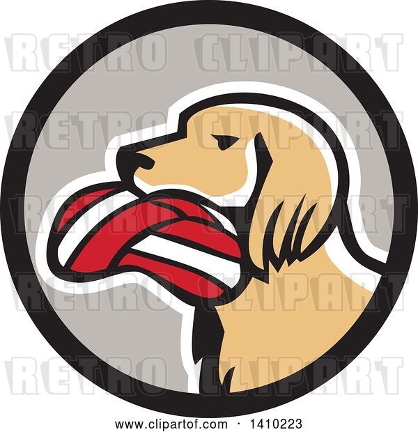 Vector Clip Art of Retro English Setter Dog with a Deflated Volleyball in His Mouth in a Black and Gray Circle