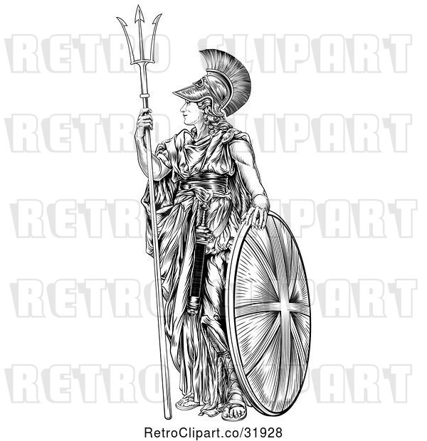 Vector Clip Art of Retro Engraved Britannia with a Trident and Shield