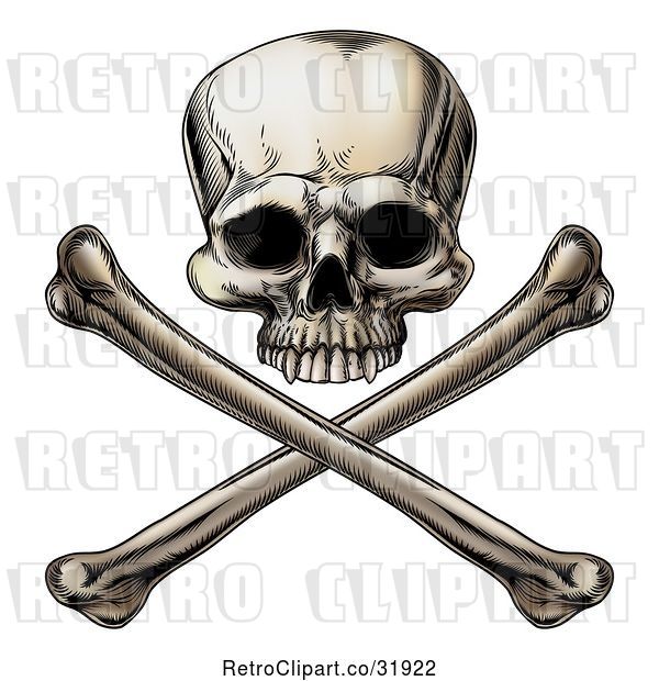 Vector Clip Art of Retro Engraved Human Skull over Crossed Bones