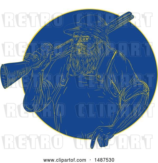 Vector Clip Art of Retro Engraved Hunter with a Rifle in a Blue Circle