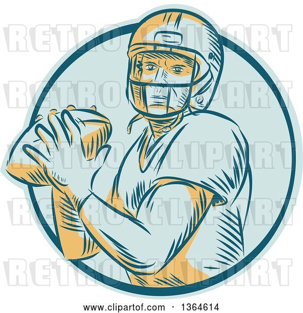 Vector Clip Art of Retro Engraved Male Quarterback American Football Player Throwing in a Blue Circle