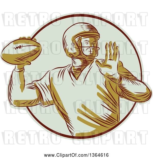 Vector Clip Art of Retro Engraved Male Quarterback American Football Player Throwing in a Circle