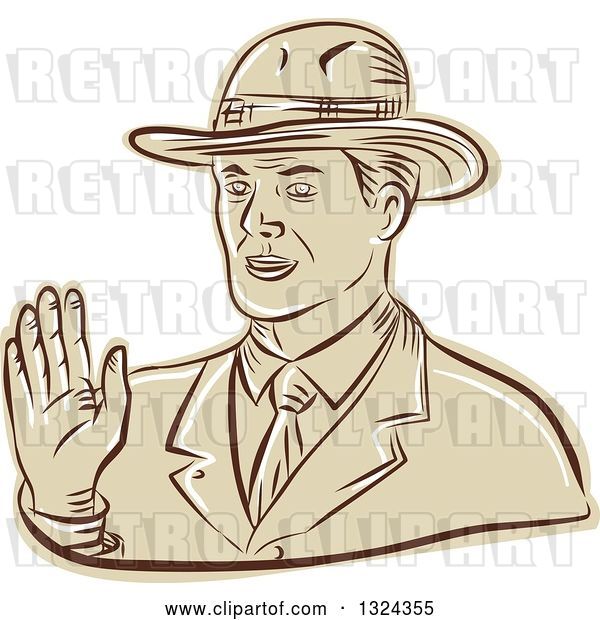 Vector Clip Art of Retro Engraved or Sketched Business Man Waving
