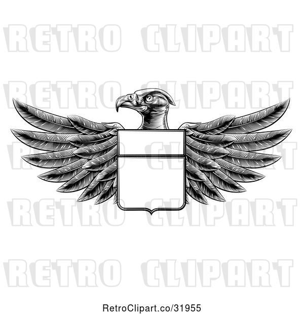 Vector Clip Art of Retro Engraved or Woodcut Heraldic Coat of Arms American Bald Eagle with a Shield