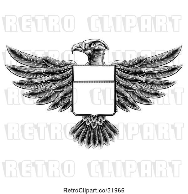 Vector Clip Art of Retro Engraved or Woodcut Heraldic Coat of Arms American Bald Eagle with a Shield
