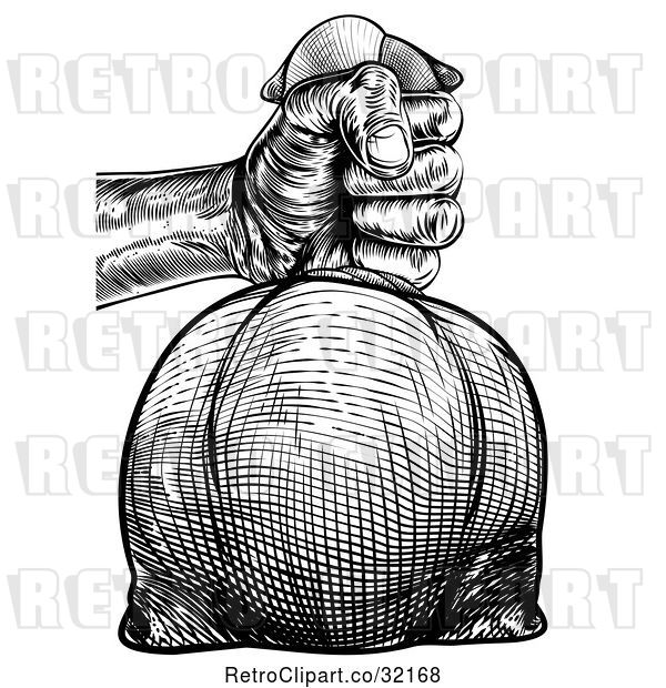 Vector Clip Art of Retro Engraved or Woodcut Styled Hand Holding a Burlap Money Bag Sack