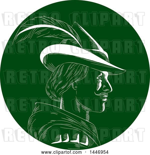 Vector Clip Art of Retro Engraved or Woodcut Styled Profiled Bust Portrait of Robin Hood in a Plumed Hat, in Green and White